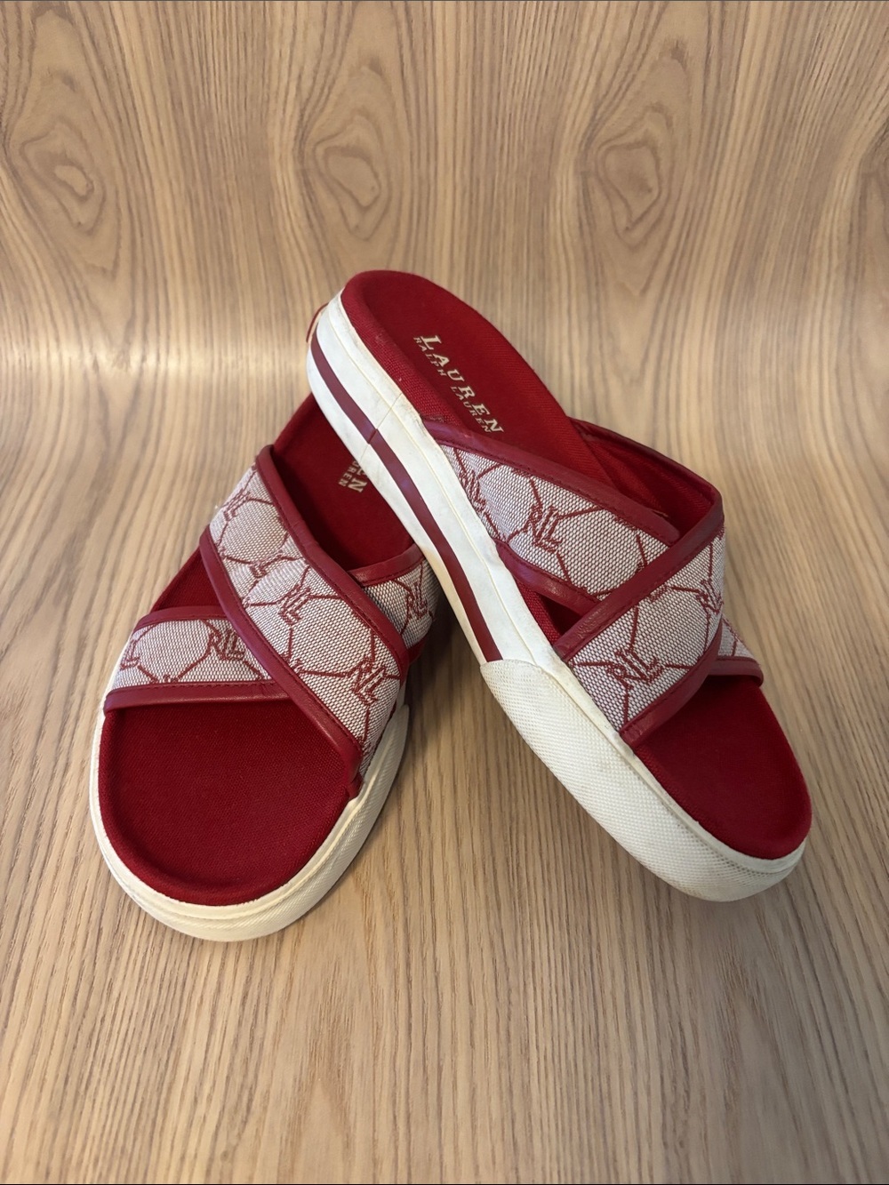 Lauren Ralph Lauren Red & Cream Crossband Canvas Slide Mules